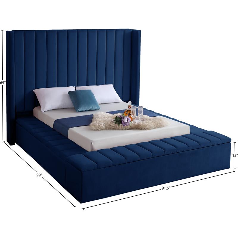 Maklaine Contemporary Solid Wood and Velvet Queen Bed in Navy
