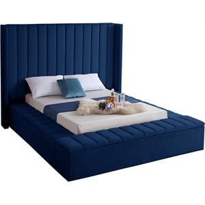 Maklaine Contemporary Solid Wood and Velvet Queen Bed in Navy