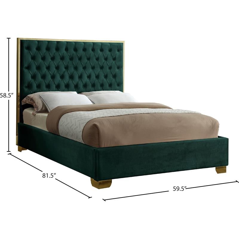 Maklaine Contemporary Solid Wood and Velvet Full Bed in Green
