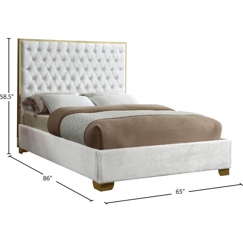 Maklaine Contemporary Solid Wood and Velvet Queen Bed in White