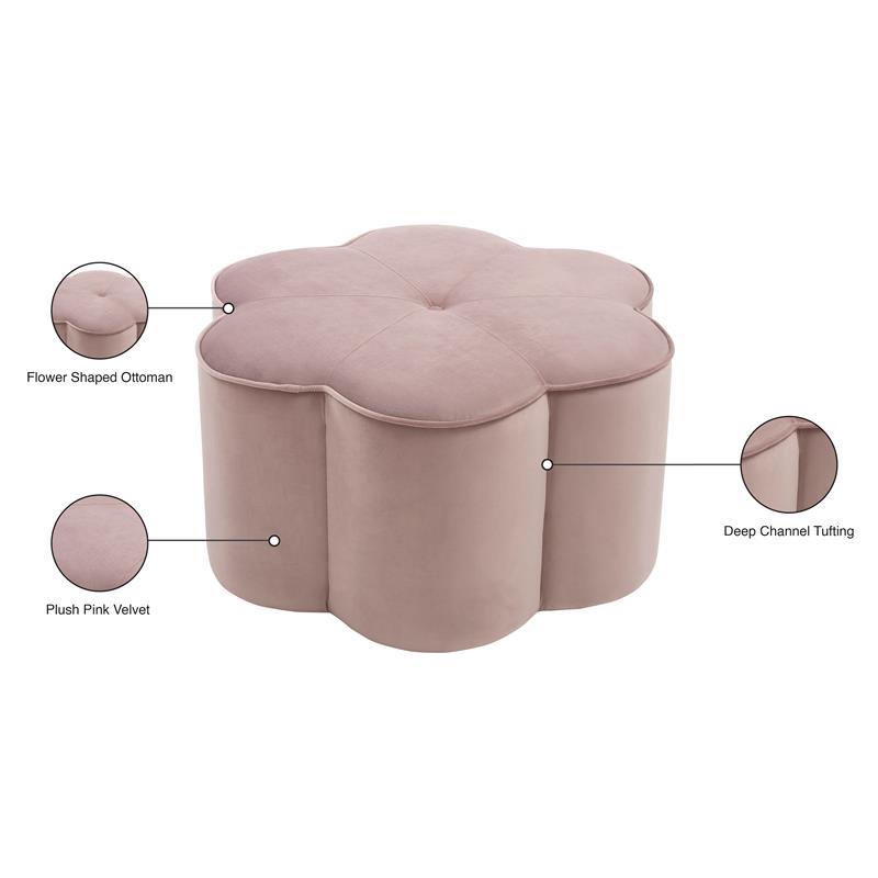 Maklaine Flower Shaped Squared Contemporary Velvet Ottoman in Pink