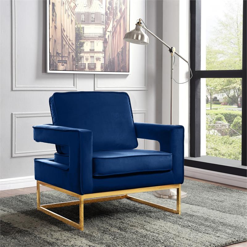 Maklaine Contemporary Navy Velvet Accent Chair with Gold Iron Base