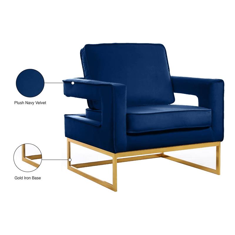Maklaine Contemporary Navy Velvet Accent Chair with Gold Iron Base