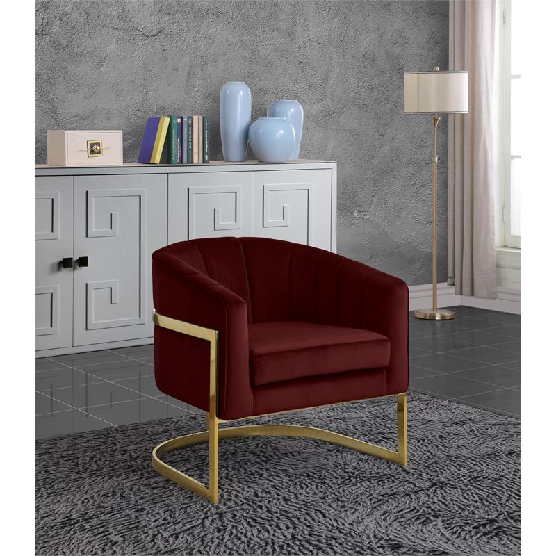 Maklaine Contemporary Burgundy Velvet Accent Chair with Gold Base