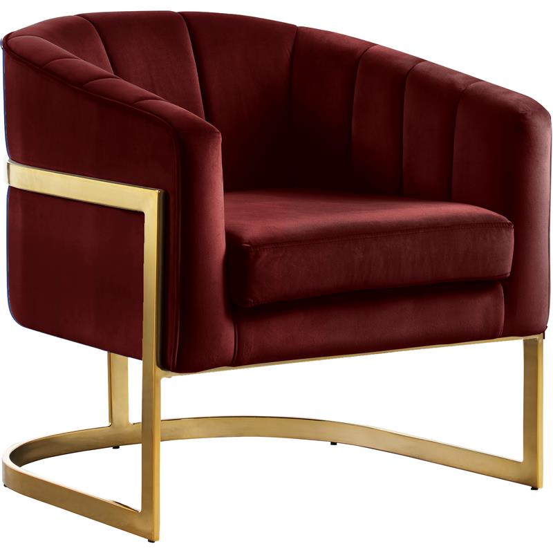 Maklaine Contemporary Burgundy Velvet Accent Chair with Gold Base