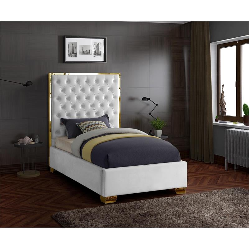 Maklaine Contemporary Solid Wood and Velvet Twin Bed in White