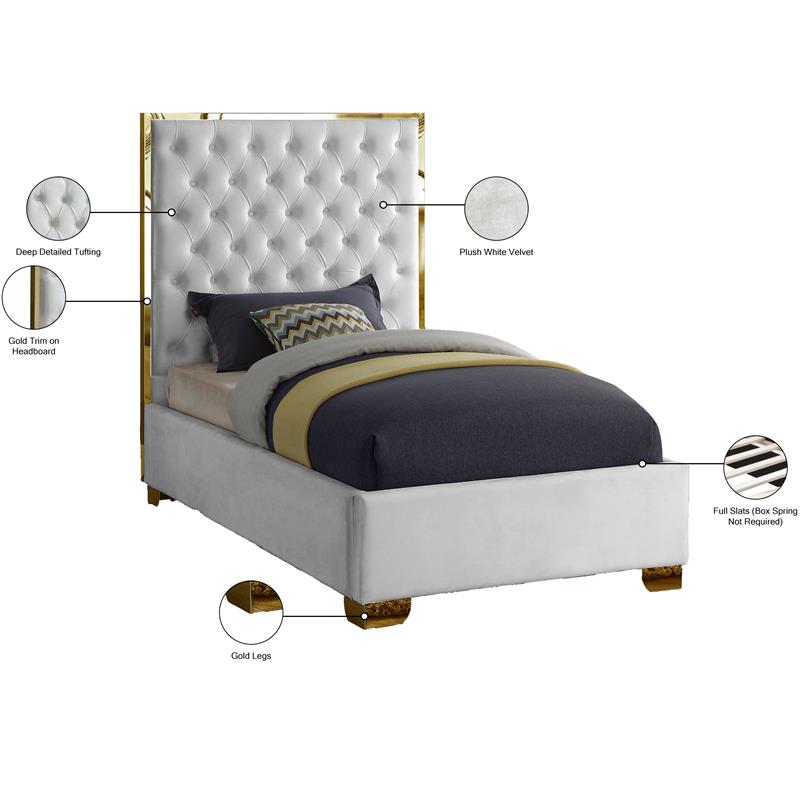 Maklaine Contemporary Solid Wood and Velvet Twin Bed in White