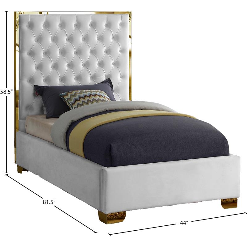 Maklaine Contemporary Solid Wood and Velvet Twin Bed in White