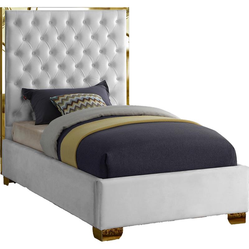Maklaine Contemporary Solid Wood and Velvet Twin Bed in White