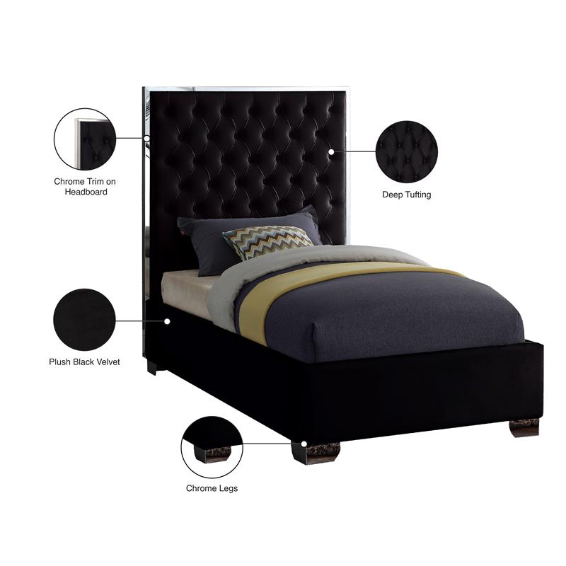 Maklaine Contemporary Solid Wood and Velvet Twin Bed in Black
