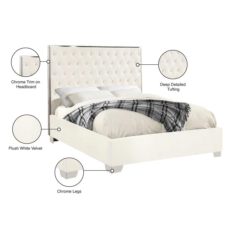 Maklaine Contemporary Solid Wood and Velvet Full Bed in White