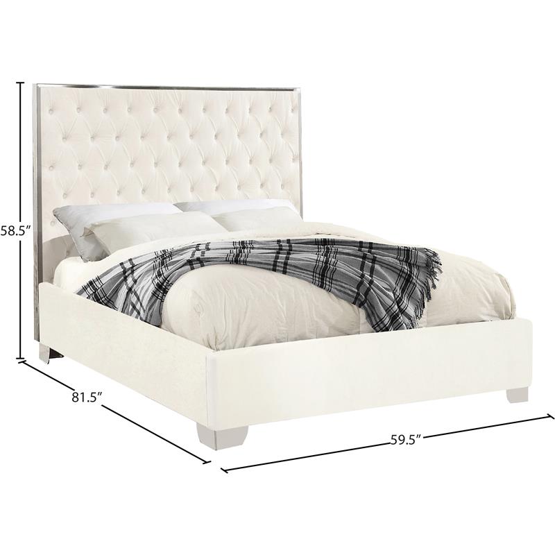 Maklaine Contemporary Solid Wood and Velvet Full Bed in White