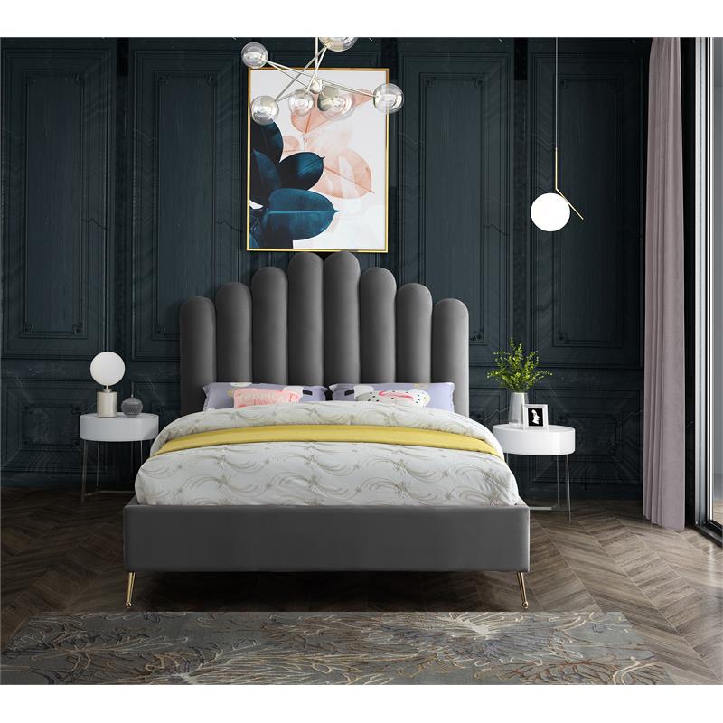 Maklaine Contemporary Solid Wood and Tufted Velvet King Bed in Gray