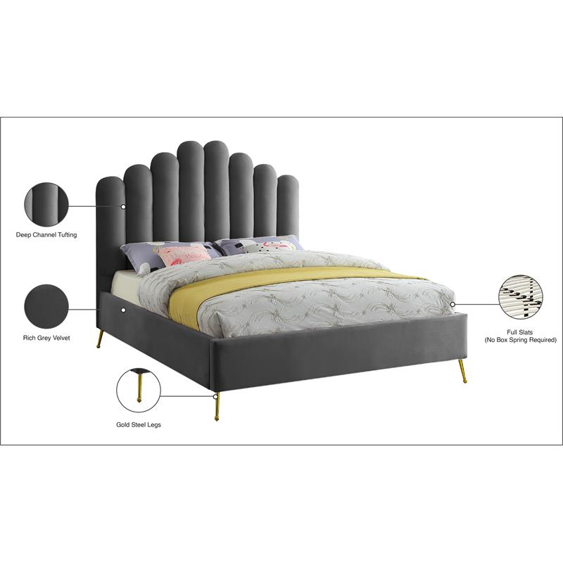 Maklaine Contemporary Solid Wood and Tufted Velvet King Bed in Gray
