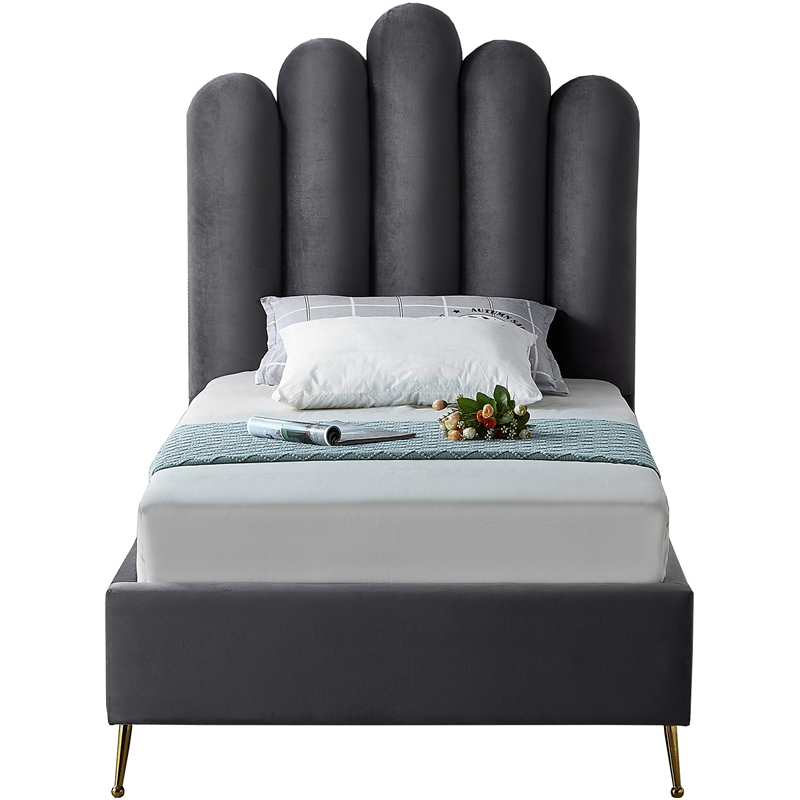 Maklaine Contemporary Solid Wood and Tufted Velvet Twin Bed in Gray