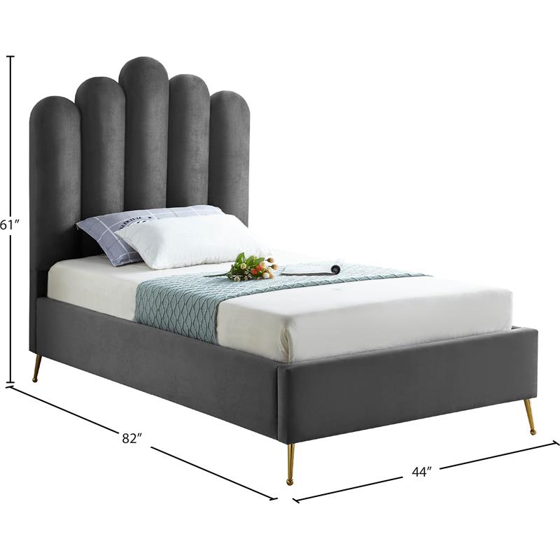 Maklaine Contemporary Solid Wood and Tufted Velvet Twin Bed in Gray