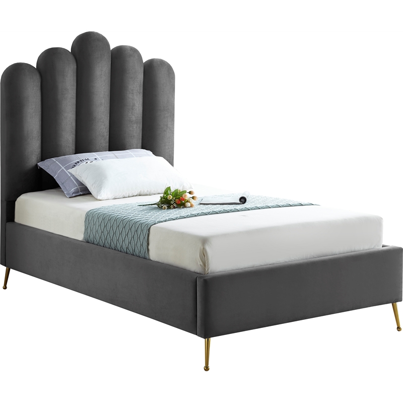 Maklaine Contemporary Solid Wood and Tufted Velvet Twin Bed in Gray