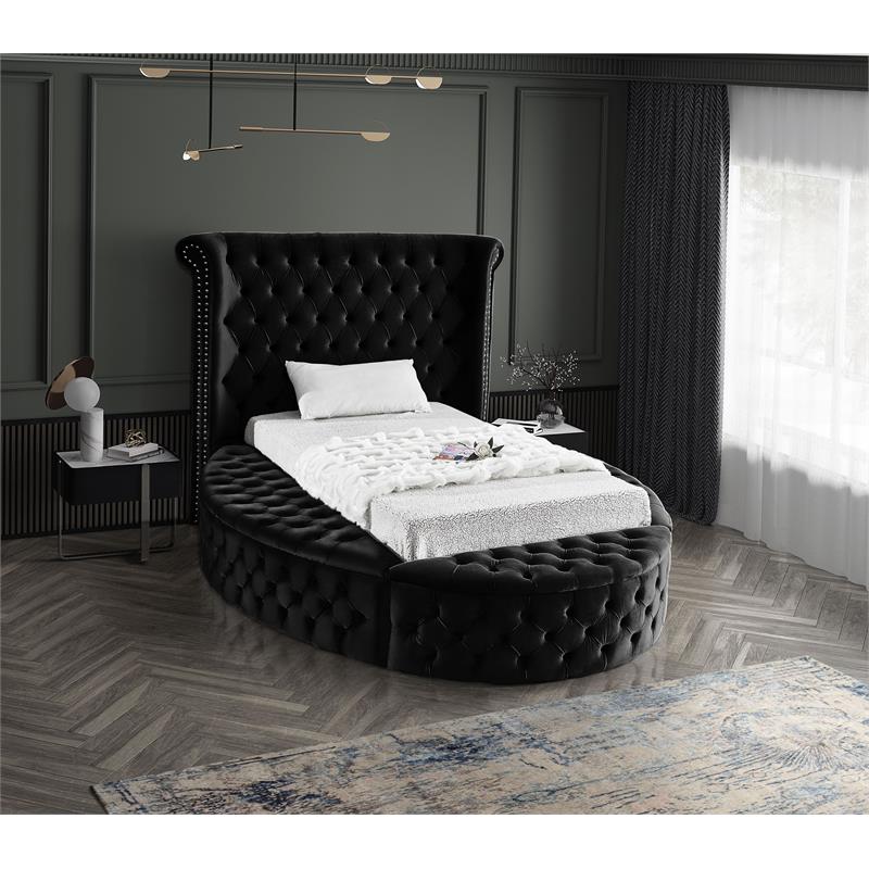 Maklaine Contemporary Upholstery Black Velvet Twin Bed