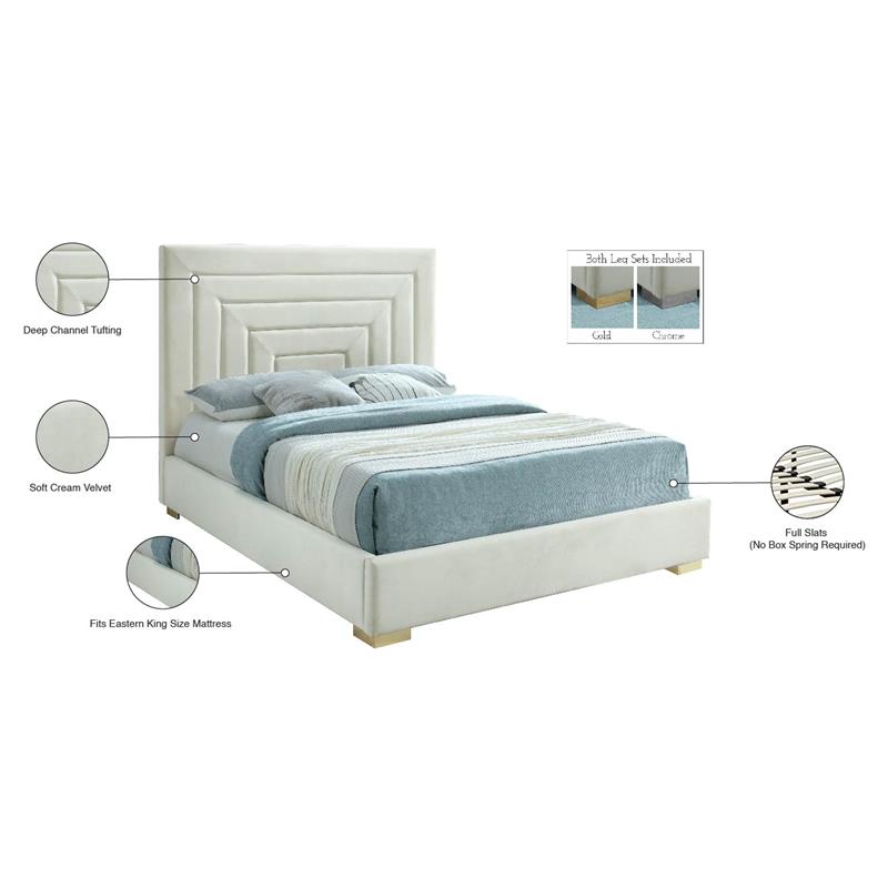 Maklaine Contemporary Cream Velvet King Bed with Gold/Chrome Legs Included