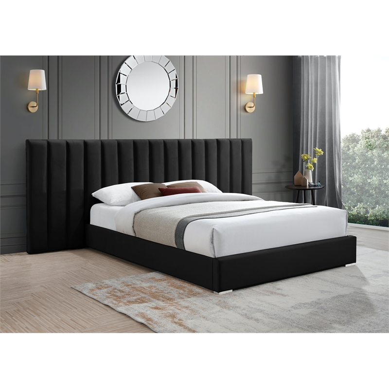 Maklaine Contemporary Black Velvet Queen Bed with Chrome Metal Legs