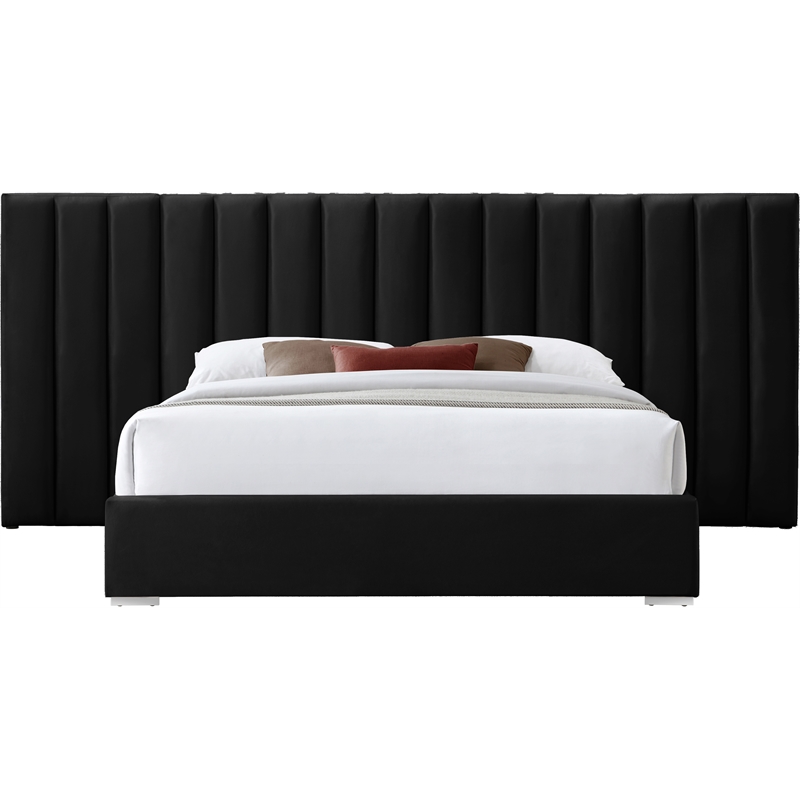 Maklaine Contemporary Black Velvet Queen Bed with Chrome Metal Legs