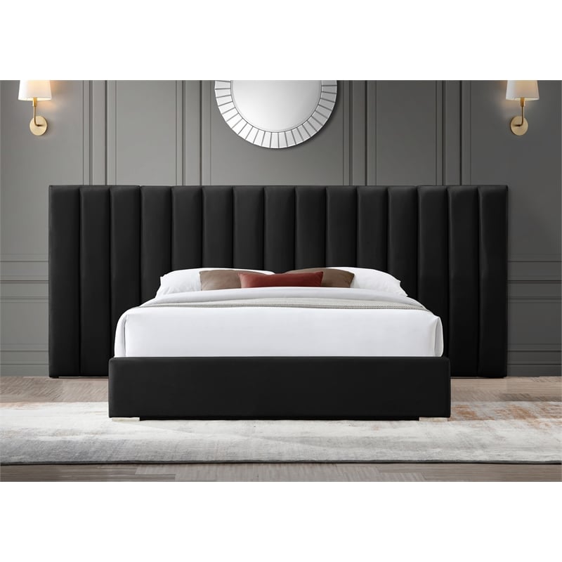 Maklaine Contemporary Black Velvet Queen Bed with Chrome Metal Legs