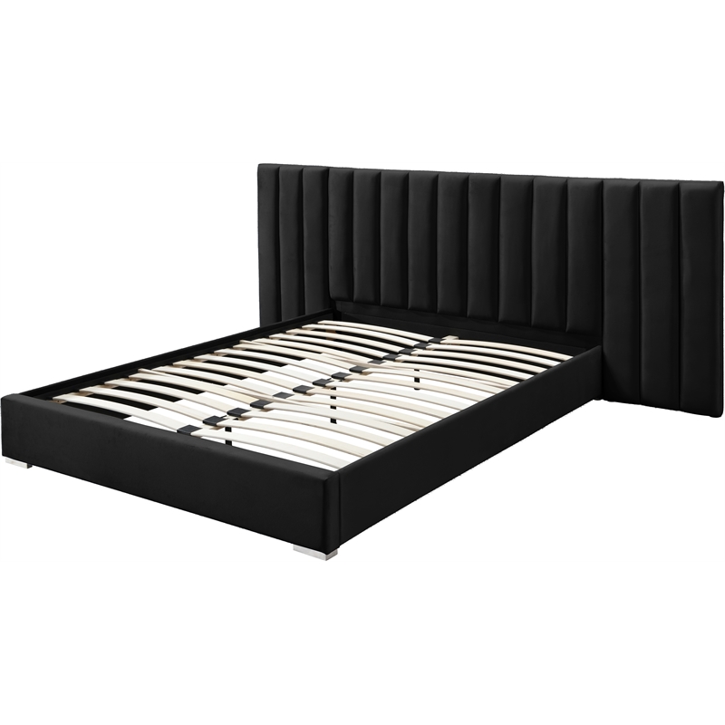 Maklaine Contemporary Black Velvet Queen Bed with Chrome Metal Legs