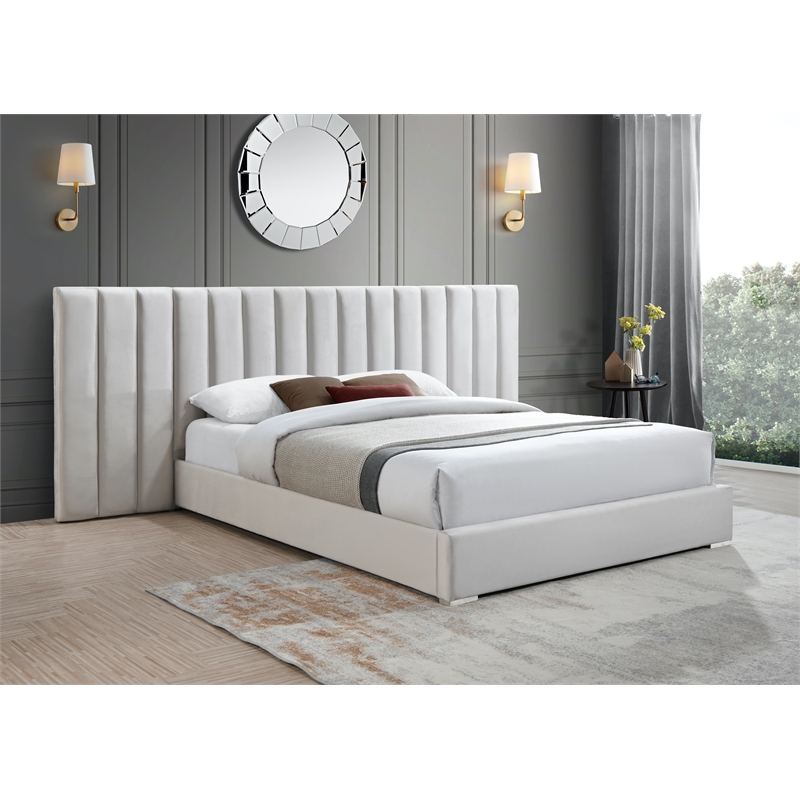 Maklaine Contemporary Cream Velvet Queen Bed with Chrome Metal Legs
