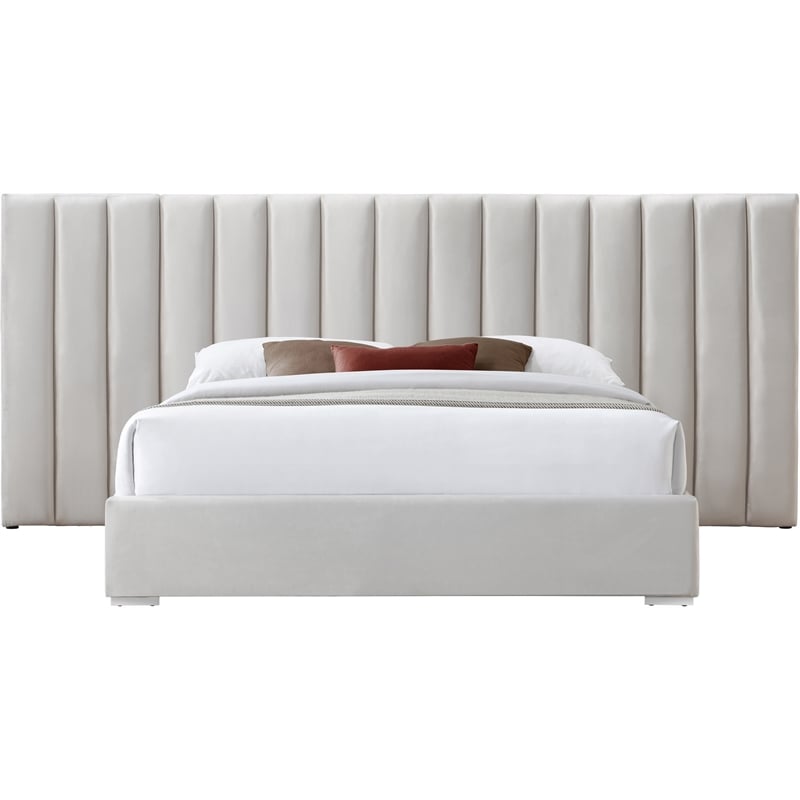 Maklaine Contemporary Cream Velvet Queen Bed with Chrome Metal Legs