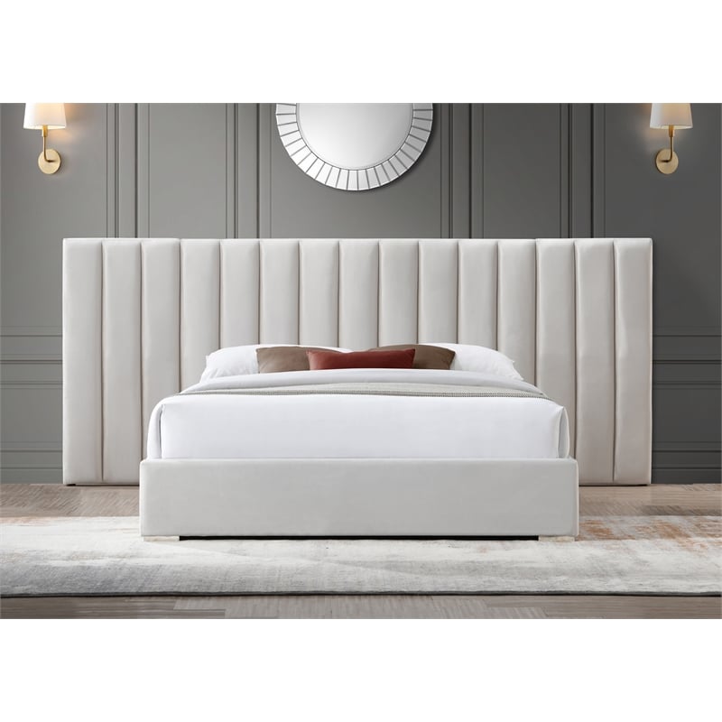 Maklaine Contemporary Cream Velvet Queen Bed with Chrome Metal Legs