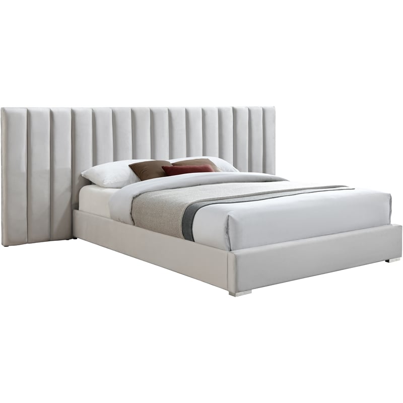 Maklaine Contemporary Cream Velvet Queen Bed with Chrome Metal Legs