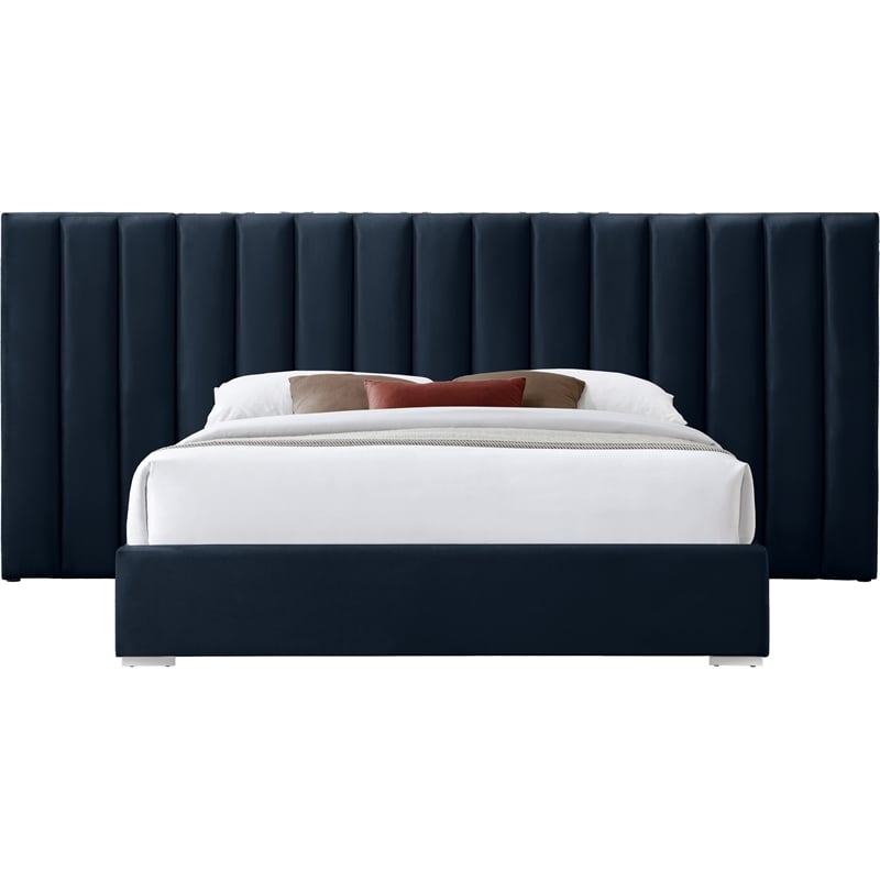 Maklaine Contemporary Navy Velvet King Bed with Chrome Metal Legs