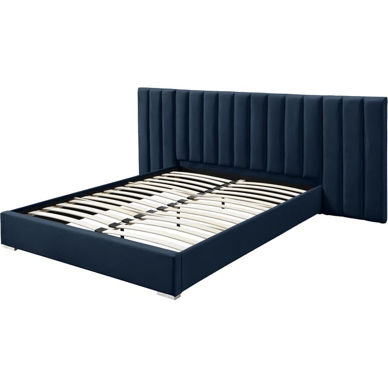 Maklaine Contemporary Navy Velvet King Bed with Chrome Metal Legs