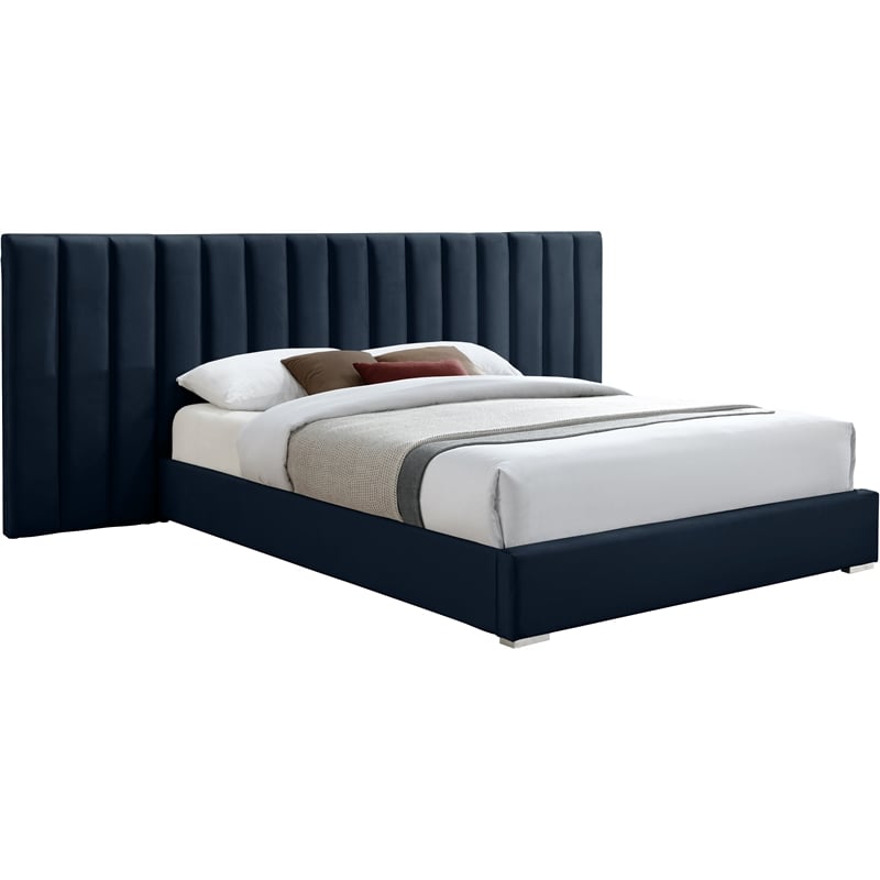 Maklaine Contemporary Navy Velvet King Bed with Chrome Metal Legs