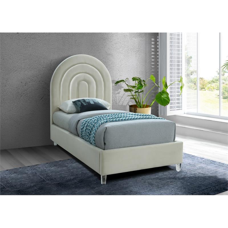 Maklaine Contemporary Cream Velvet Twin Bed in Acrylic Finish
