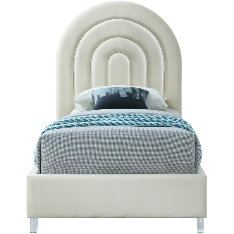 Maklaine Contemporary Cream Velvet Twin Bed in Acrylic Finish