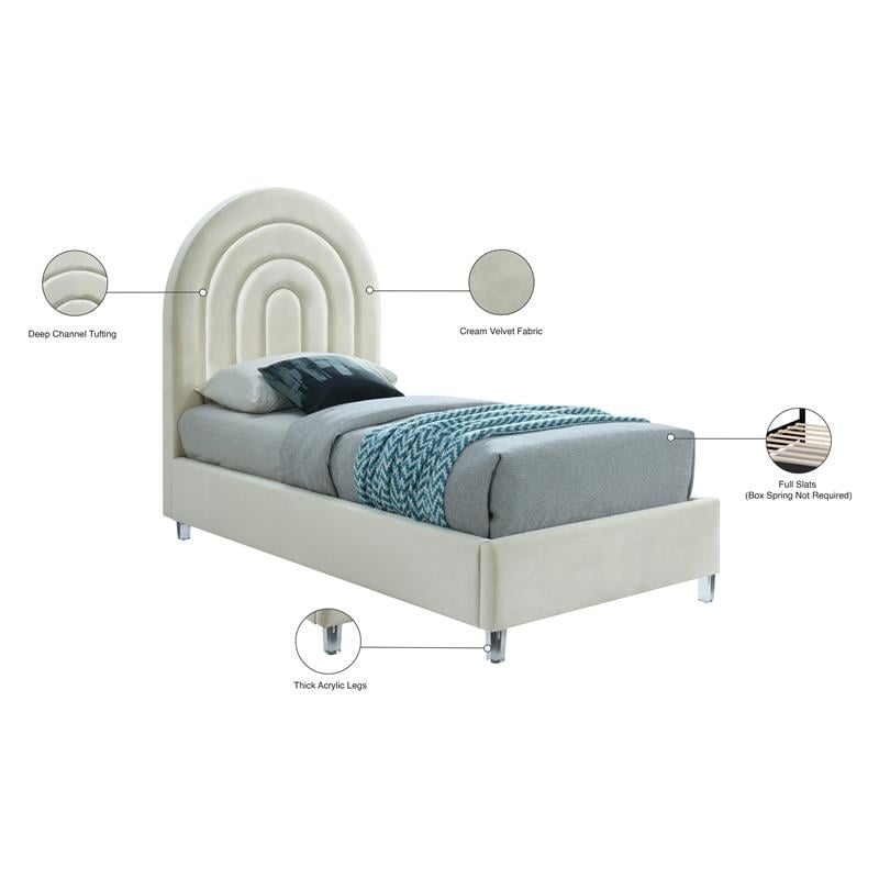 Maklaine Contemporary Cream Velvet Twin Bed in Acrylic Finish