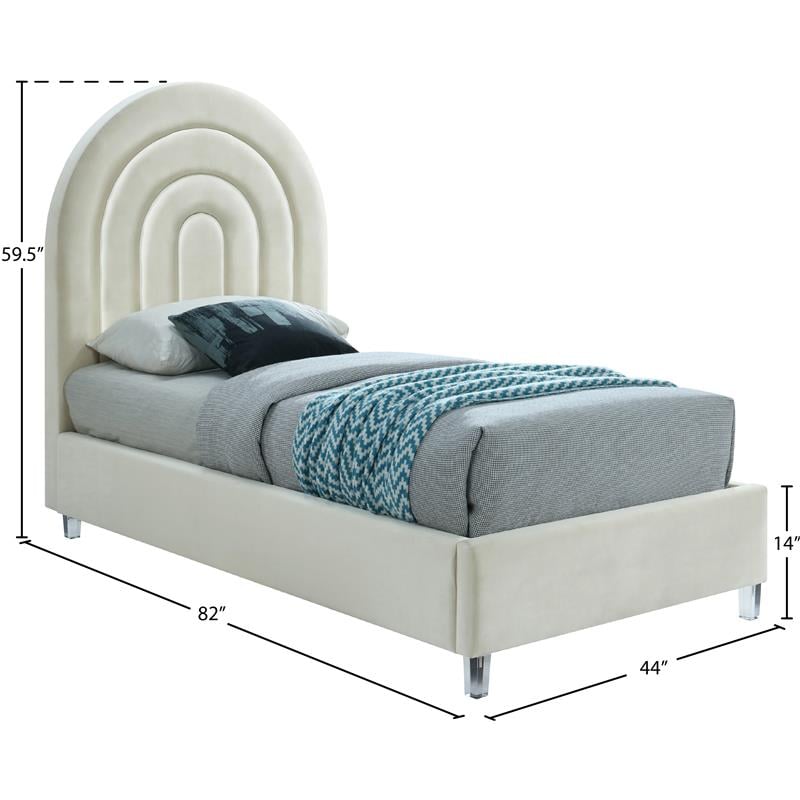 Maklaine Contemporary Cream Velvet Twin Bed in Acrylic Finish