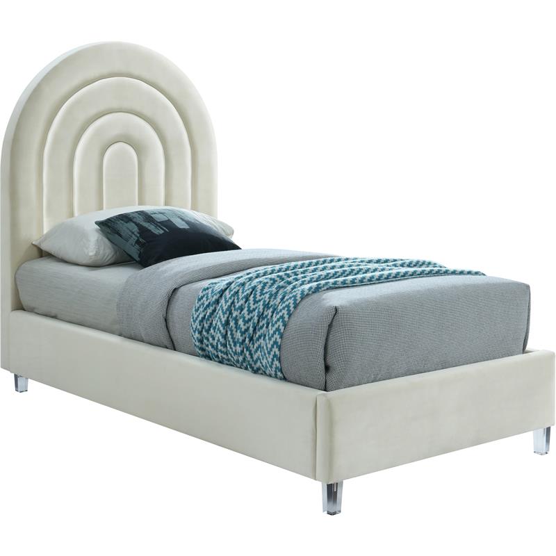 Maklaine Contemporary Cream Velvet Twin Bed in Acrylic Finish