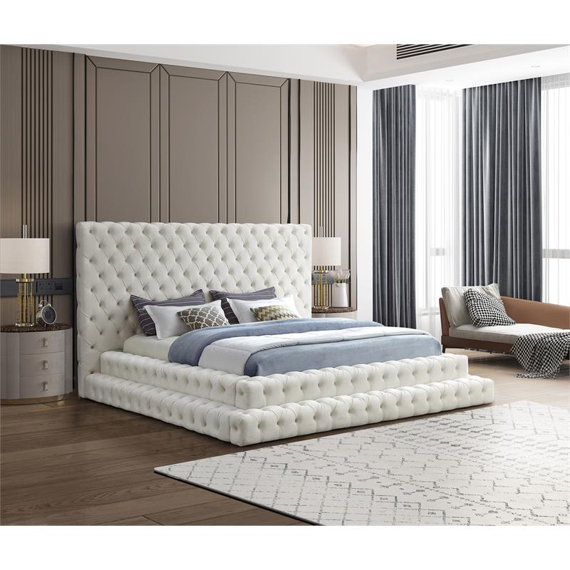 Maklaine Contemporary Upholstery Cream Velvet King Bed