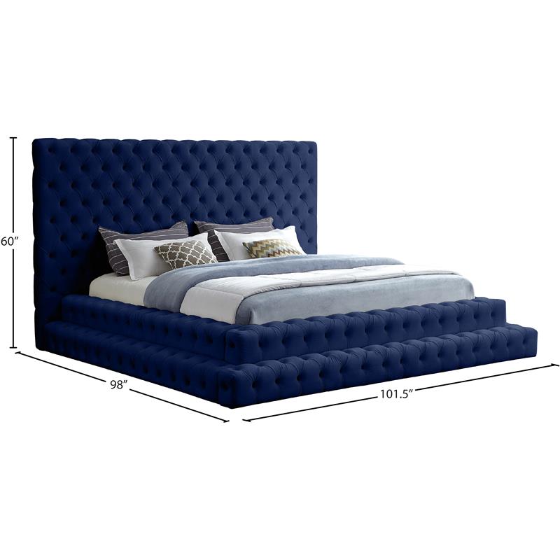 Maklaine Contemporary Upholstery Navy Velvet King Bed