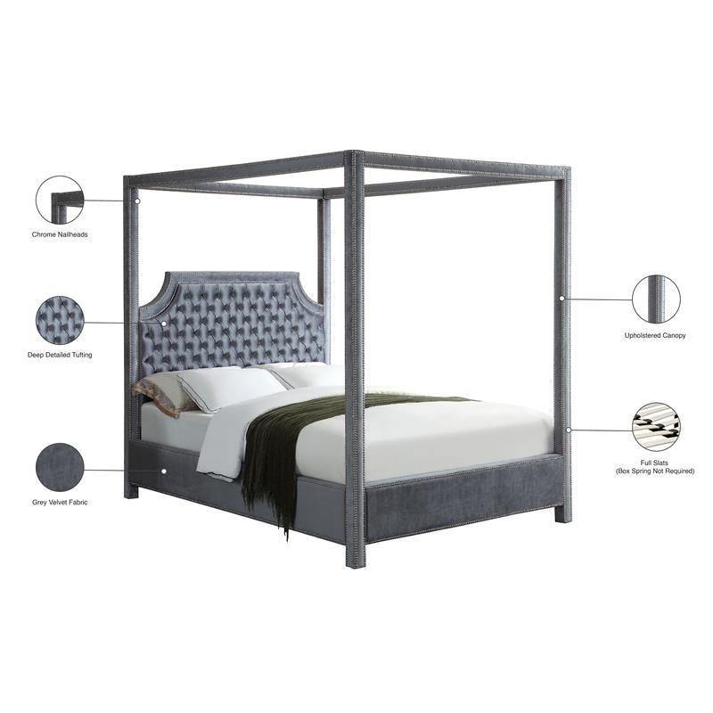 Maklaine Contemporary Tufted Velvet King Bed in Gray