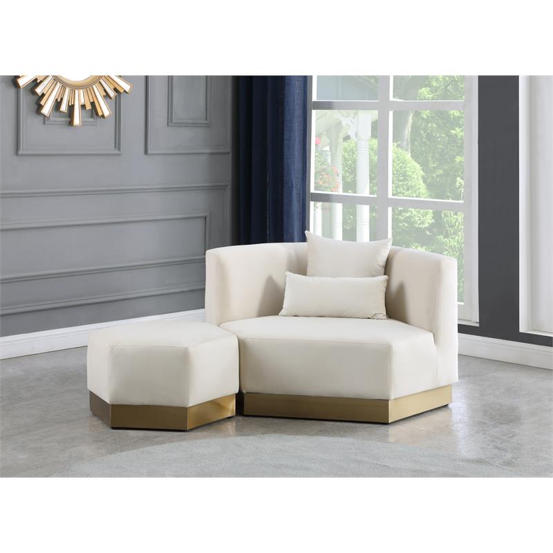 Maklaine Contemporary Velvet/Stainless Steel Ottoman in Cream/Brushed Gold