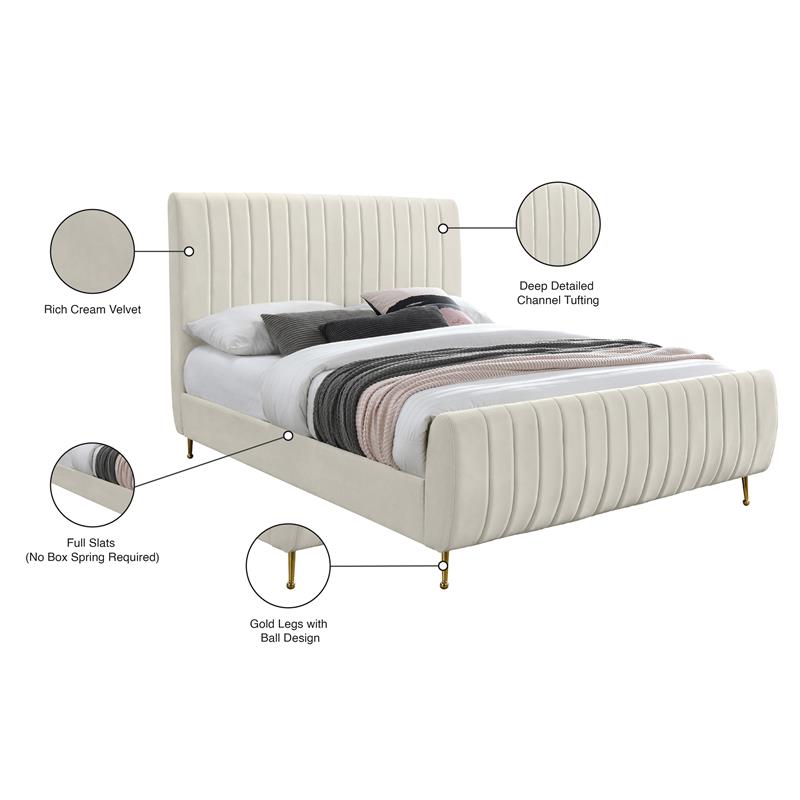 Maklaine Contemporary Upholstery Cream Velvet Queen Bed