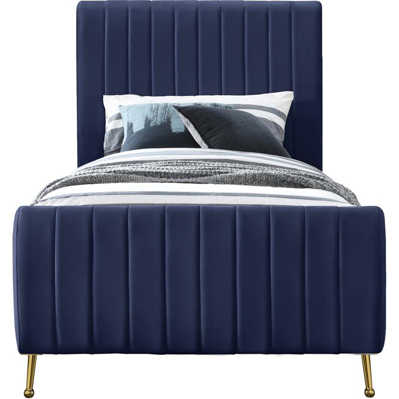 Maklaine Contemporary Upholstery Navy Velvet Twin Bed