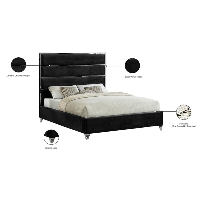 Maklaine Contemporary Solid Wood and Rich Velvet Queen Bed in Black
