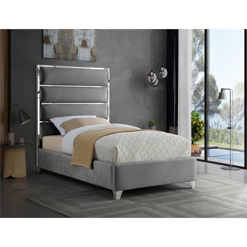 Maklaine Contemporary Solid Wood and Rich Velvet Twin Bed in Gray