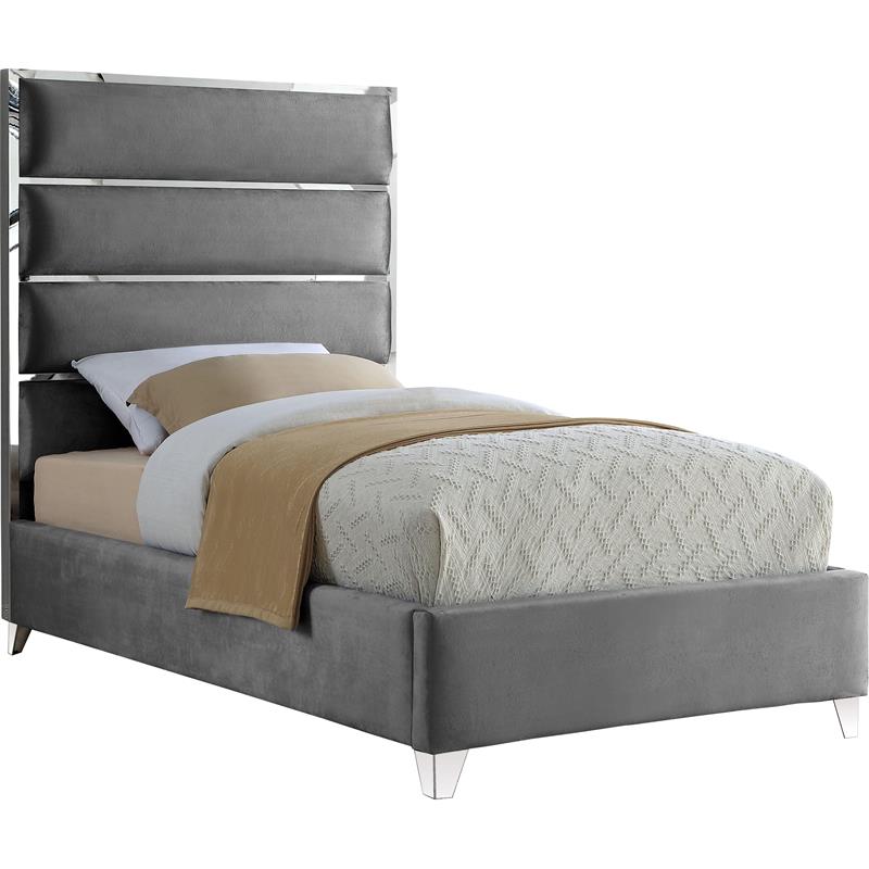 Maklaine Contemporary Solid Wood and Rich Velvet Twin Bed in Gray