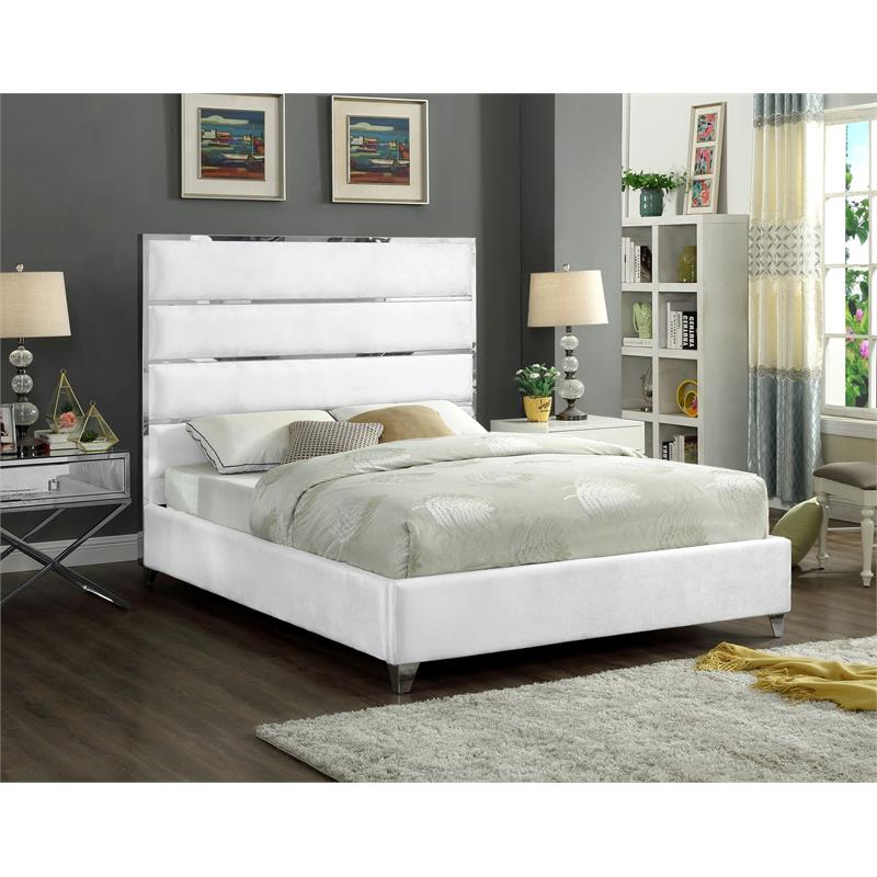 Maklaine Contemporary Solid Wood and Rich Velvet Full Bed in White