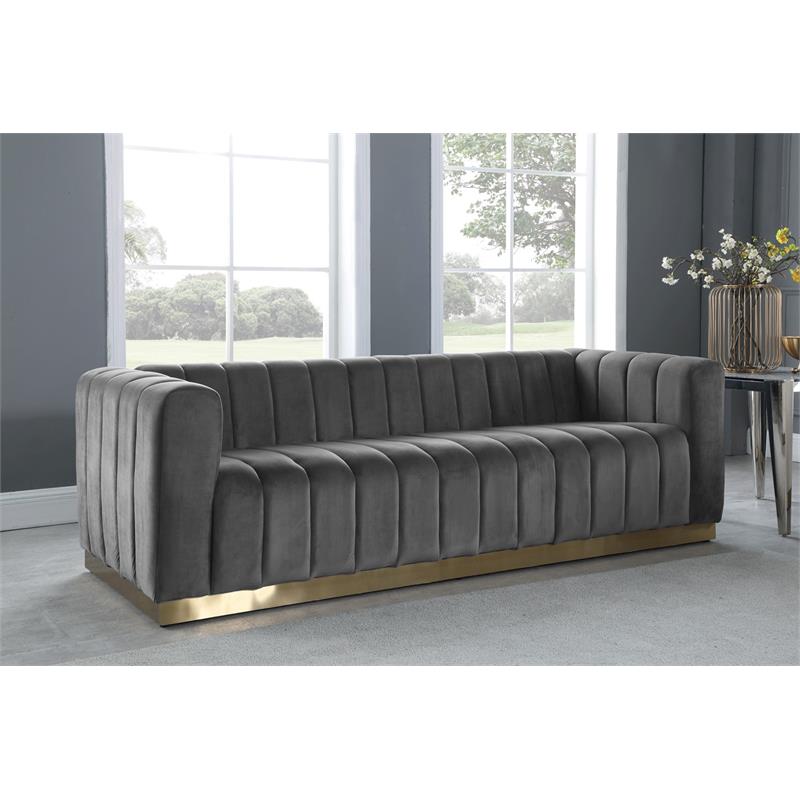 Maklaine Contemporary Velvet/Stainless Steel Sofa in Gray/Brushed Gold